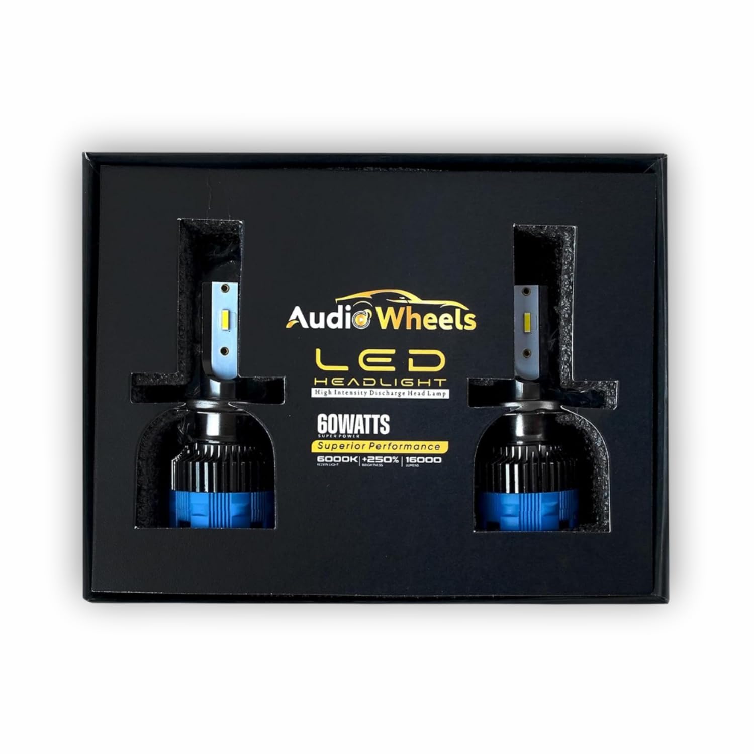 AudioWheels LED headlight kit packaging on a white background

