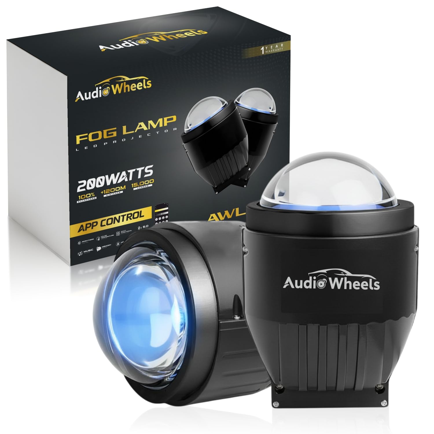 AudioWheels fog lamp with packaging on a white background

