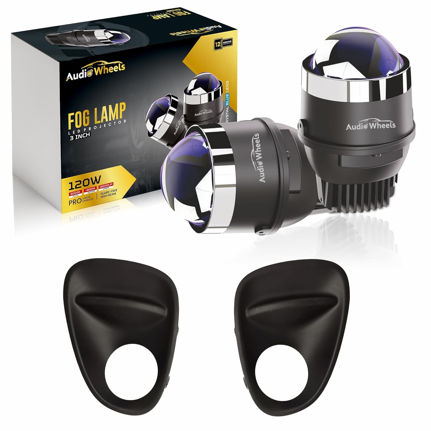 Audio Wheels fog lamp with packaging and additional covers on a white background


