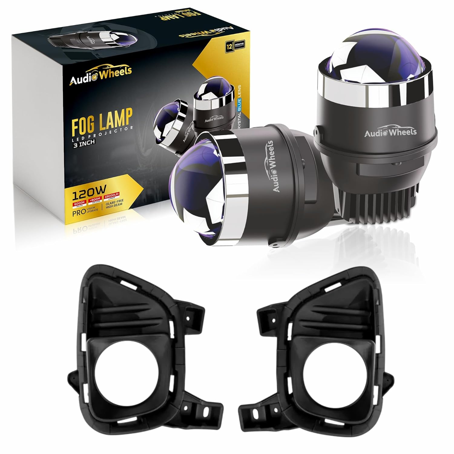 Audio Wheels fog lamp with packaging and additional lens covers on a white background

