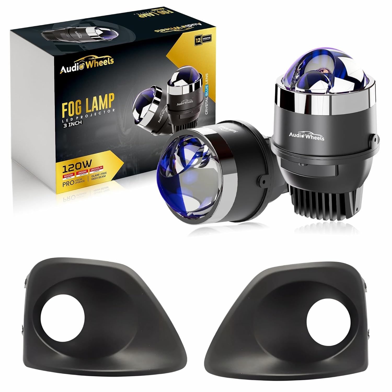 Audio Wheels fog lamp with packaging and additional lenses on a white background

