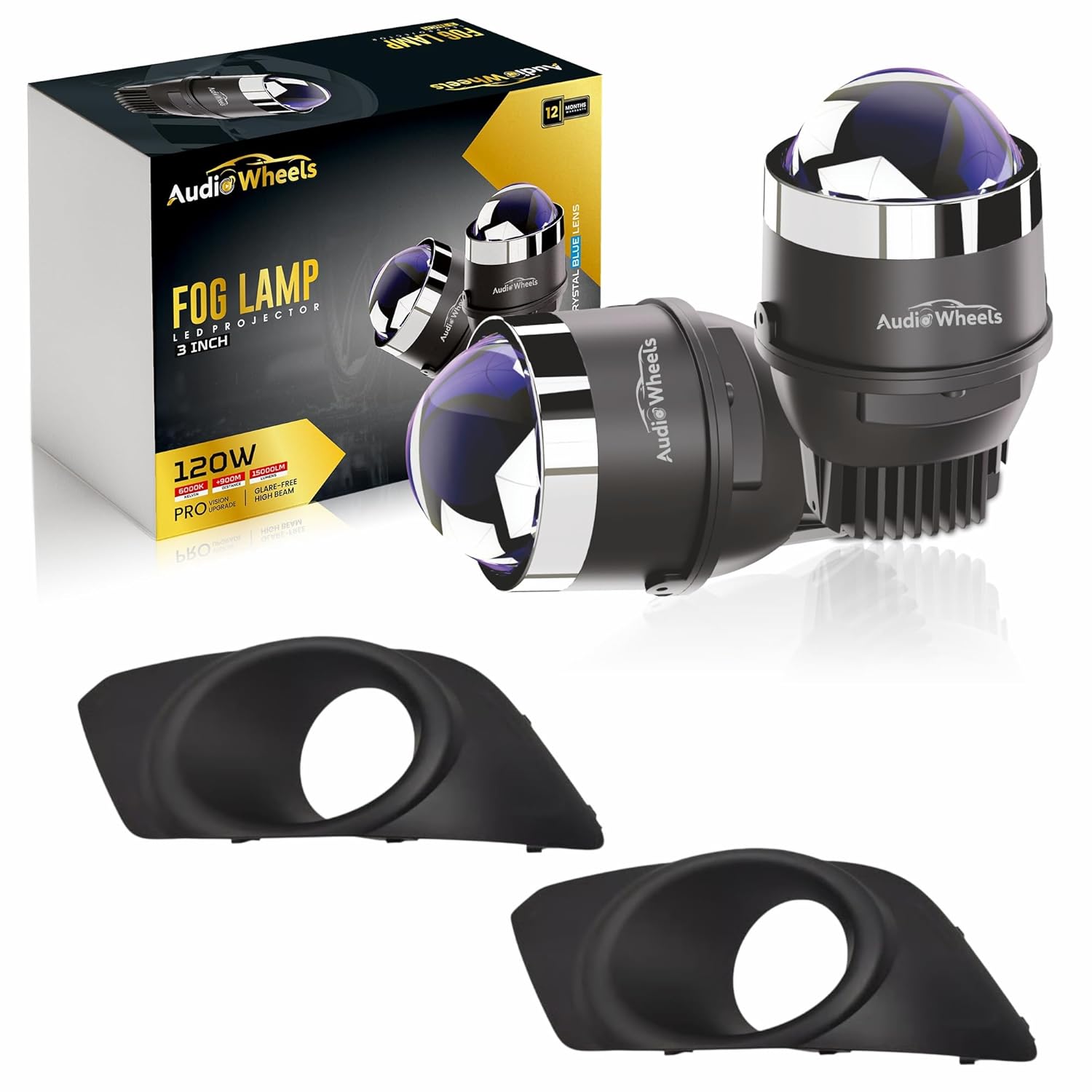 Audio Wheels fog lamp with packaging and covers on a white background

