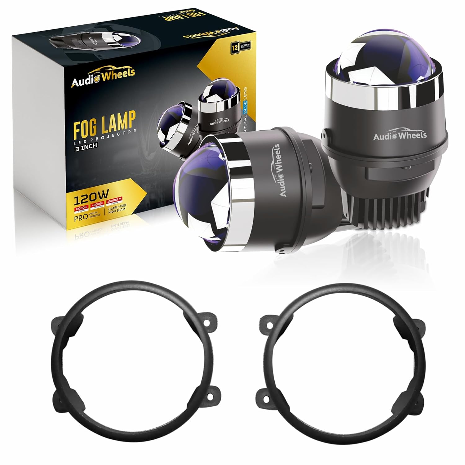 Audio Wheels fog lamp with packaging and mounting rings on a white background

