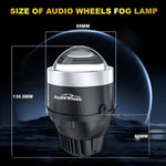 Audio Wheels fog lamp with size measurements on a dark background

