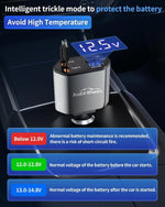 Battery charger with digital display showing voltage and safety information on a dark background

