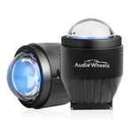 Black audio device with blue lens labeled 'Audio Wheels' on a white background

