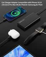 Car charger adapter with smartphone, smartwatch, and earbuds on a black background

