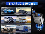 Car charger compatible with various vehicles including cars, SUVs, MPVs, motor homes, pickups, and trucks, with a dark background.

