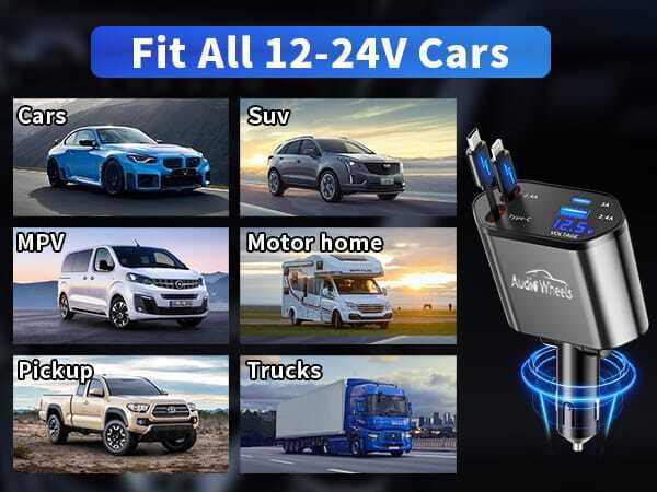 Car charger compatible with various vehicles including cars, SUVs, MPVs, motor homes, pickups, and trucks, with a dark background.

