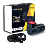 Car dashboard camera with USB cable and Audio Wheels packaging on a white background

