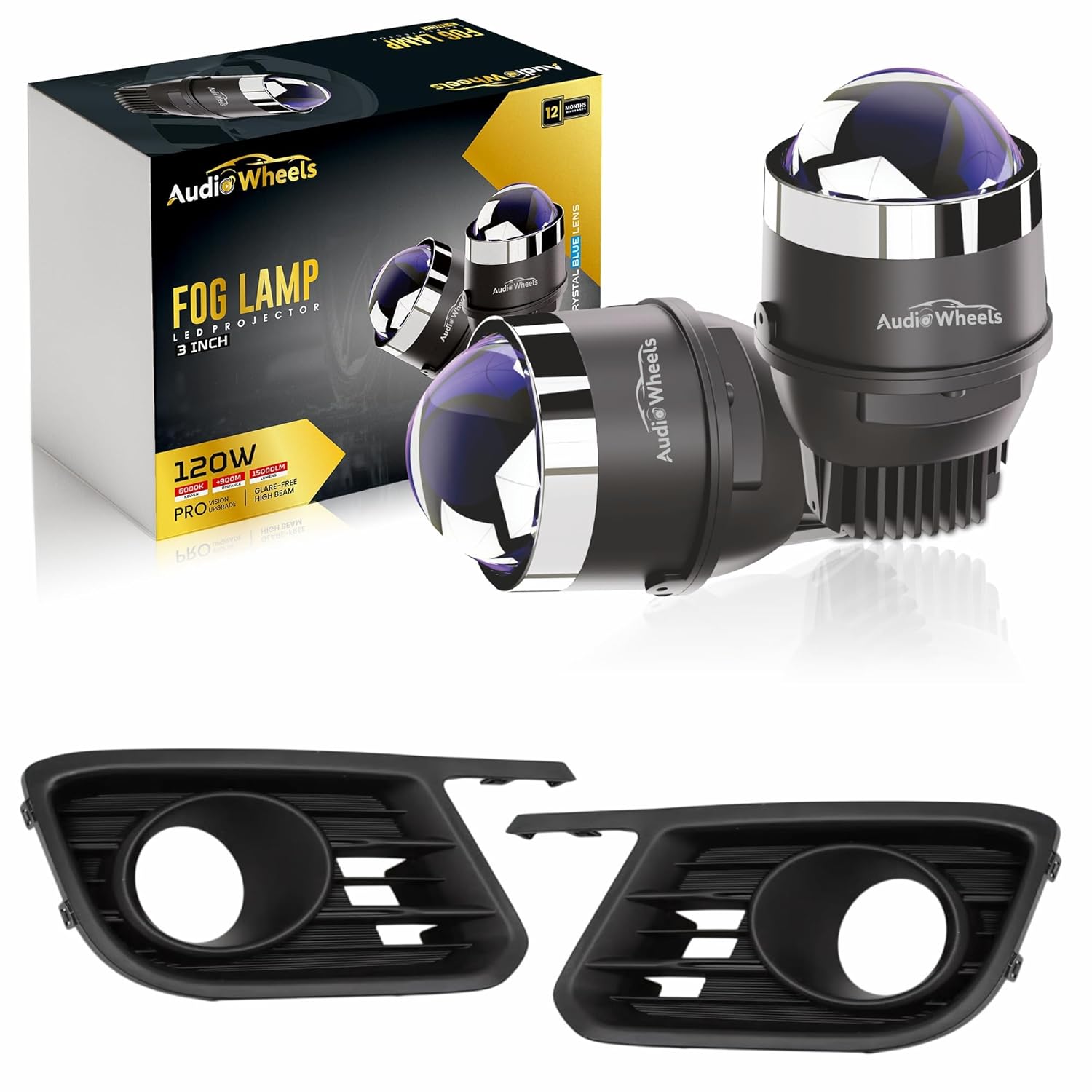 Car fog lamp with Audio Wheels branding and packaging on a white background

