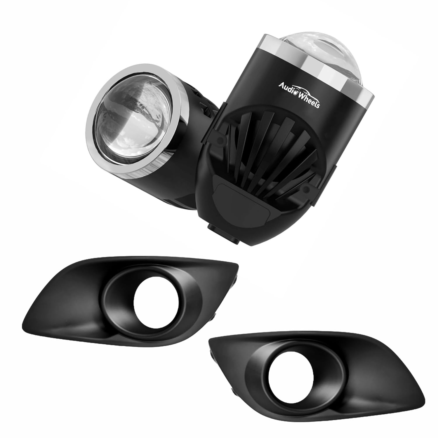 Car fog light and cover set with 'Audiye Wheels' branding on a white background

