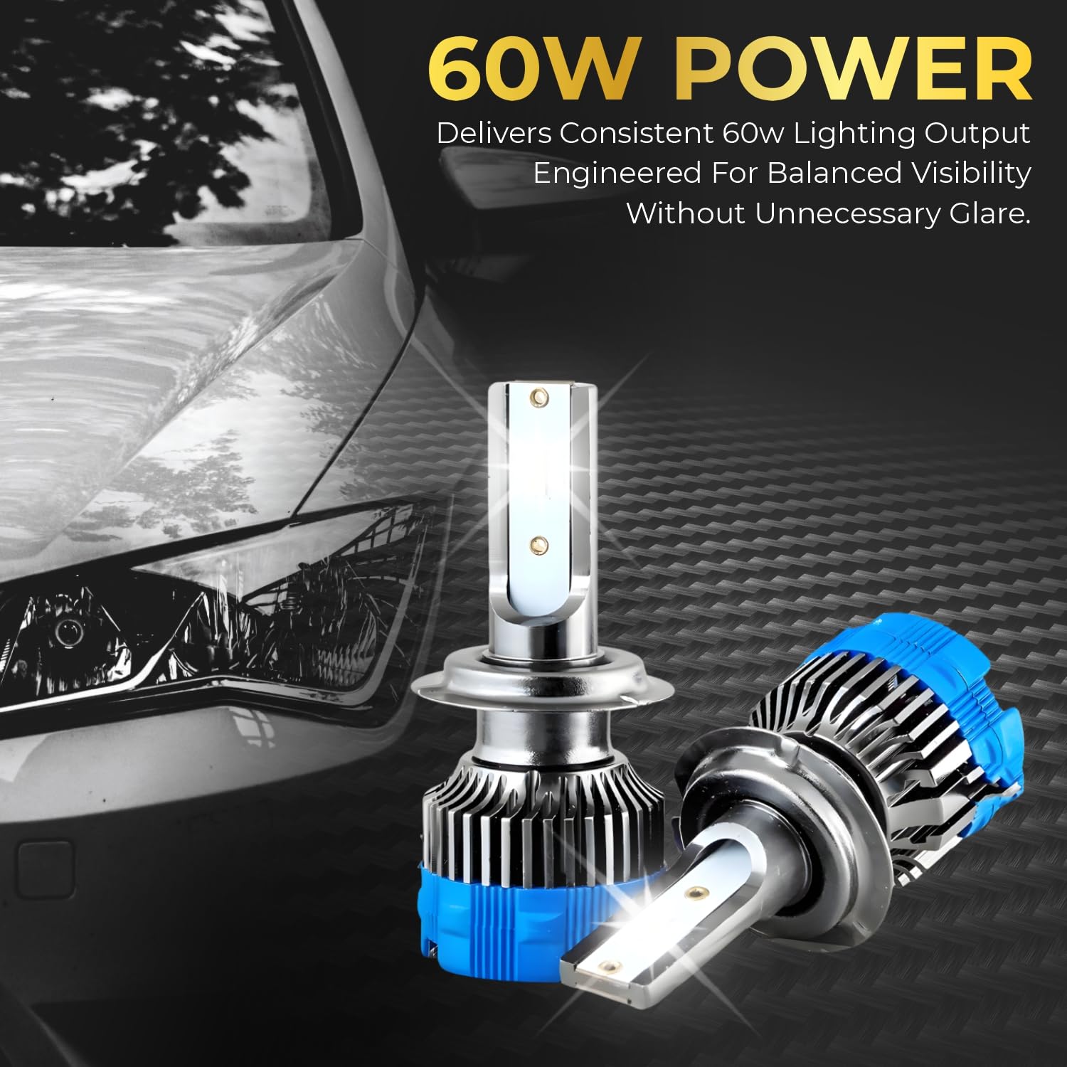 Car headlight bulb with '60W Power' text and car in background

