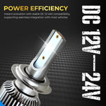 Car headlight bulb with power efficiency text on a dark background

