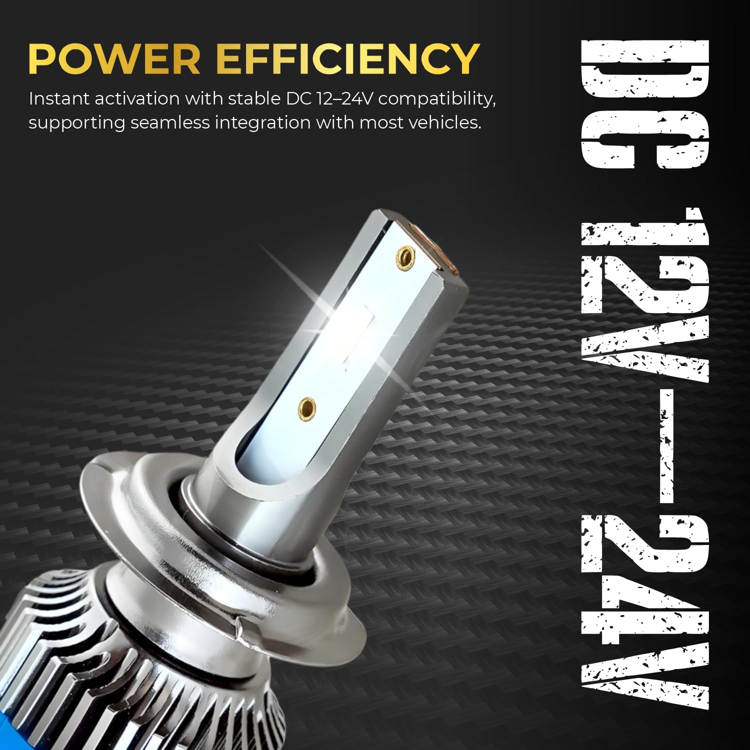 Car headlight bulb with power efficiency text on a dark background

