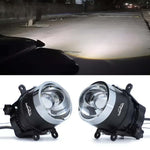 Car headlights with a close-up of one being used on a dark road.

