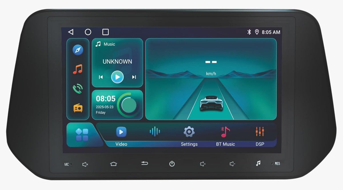 Car multimedia display with navigation and music interface on a white background

