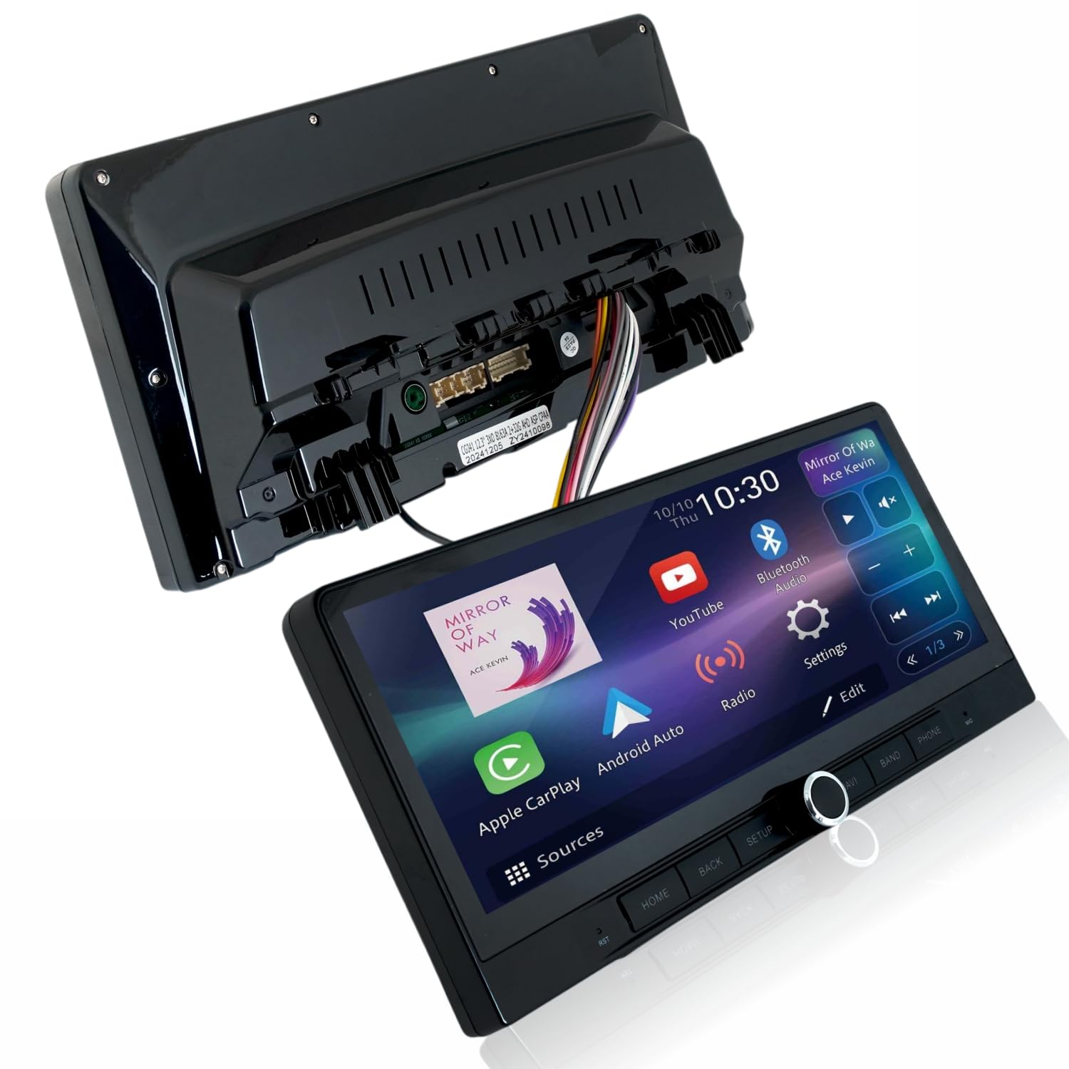 Car multimedia system with touchscreen display and open cover on a white background

