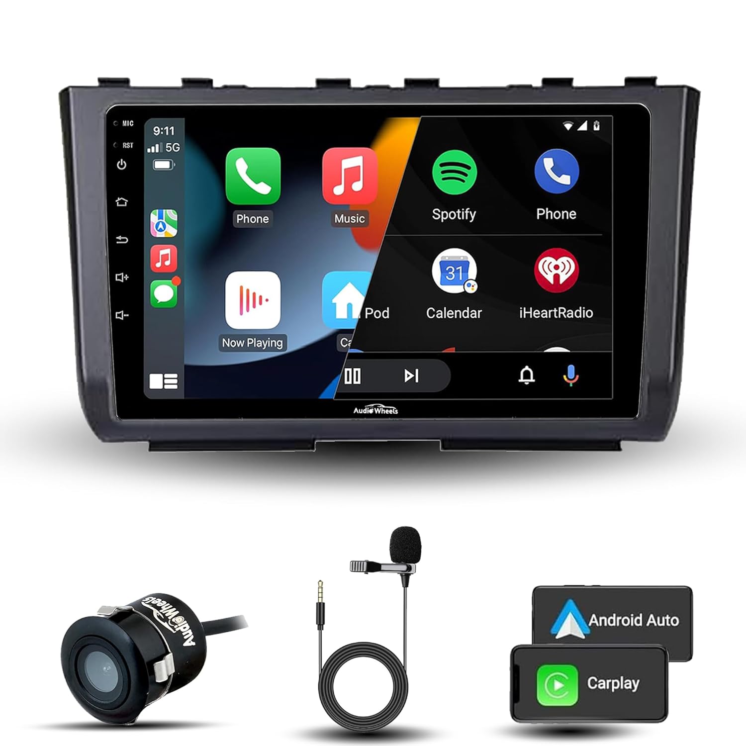 Car multimedia system with touchscreen display, microphone, and Android Auto/Carplay compatibility