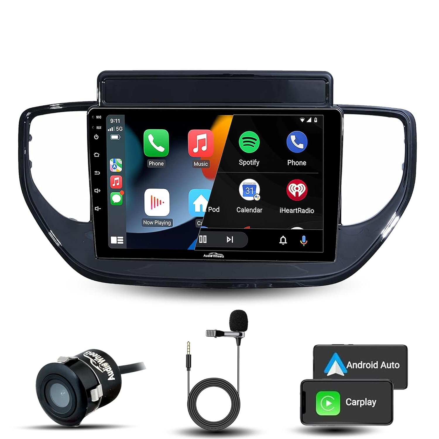 Car multimedia system with touchscreen display, microphone, and Android Auto/Carplay compatibility on a white background.

