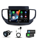 Car multimedia system with touchscreen display, microphone, and Android Auto/Carplay compatibility on a white background.

