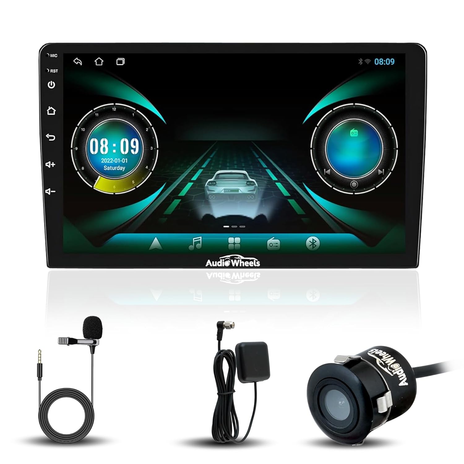 Car multimedia system with touchscreen display, microphone, cable, and camera