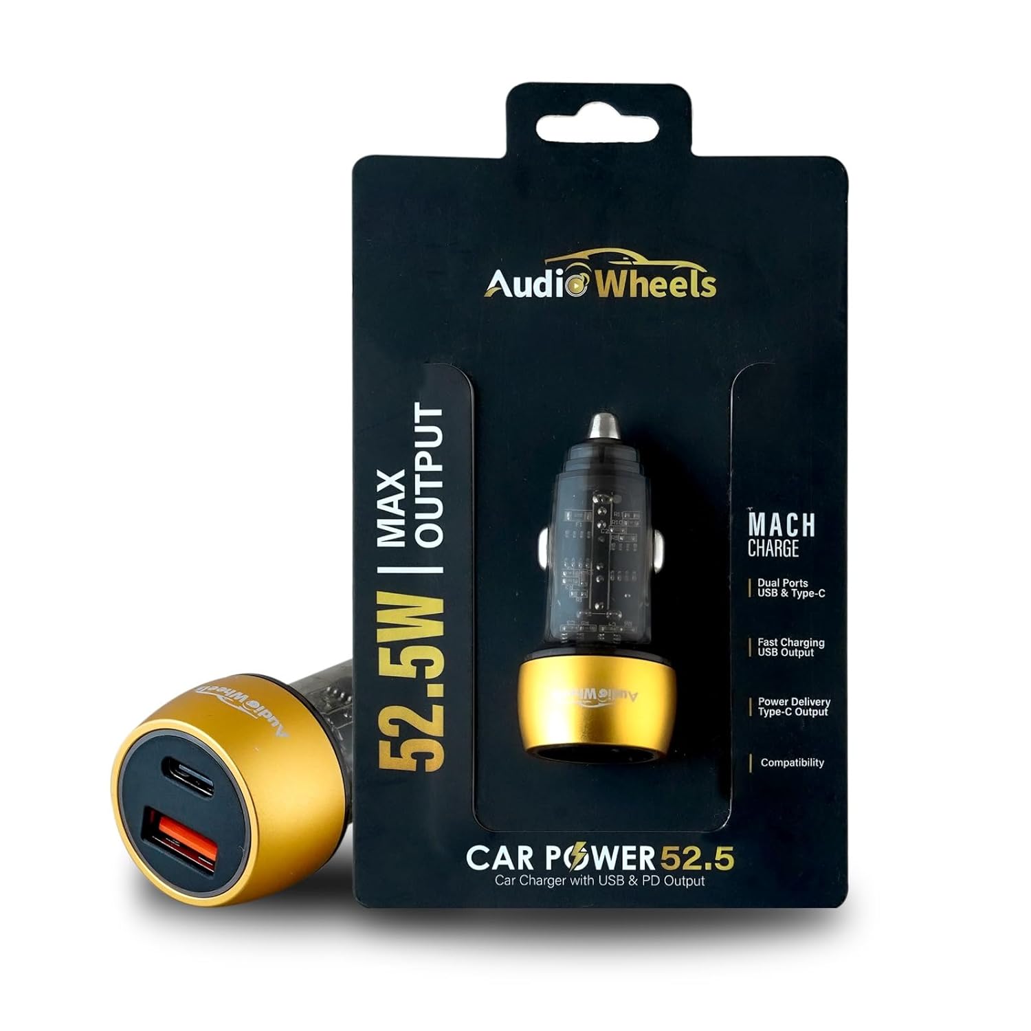 Car power adapter with USB and PD output and its packaging by AudioWheels on a white background.

