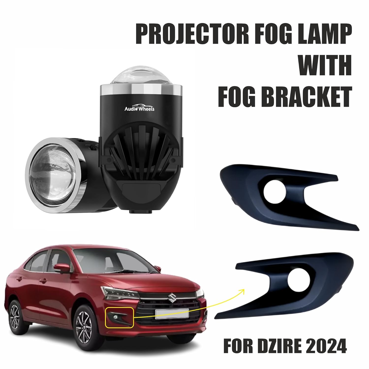 Car projector fog lamp with brackets on a white background, featuring Audi Wheels brand.

