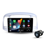 Car stereo system with touchscreen display and camera on a white background

