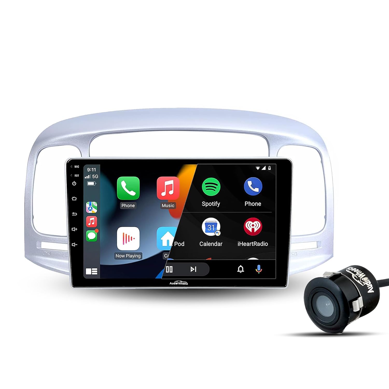 Car stereo system with touchscreen display and camera on a white background

