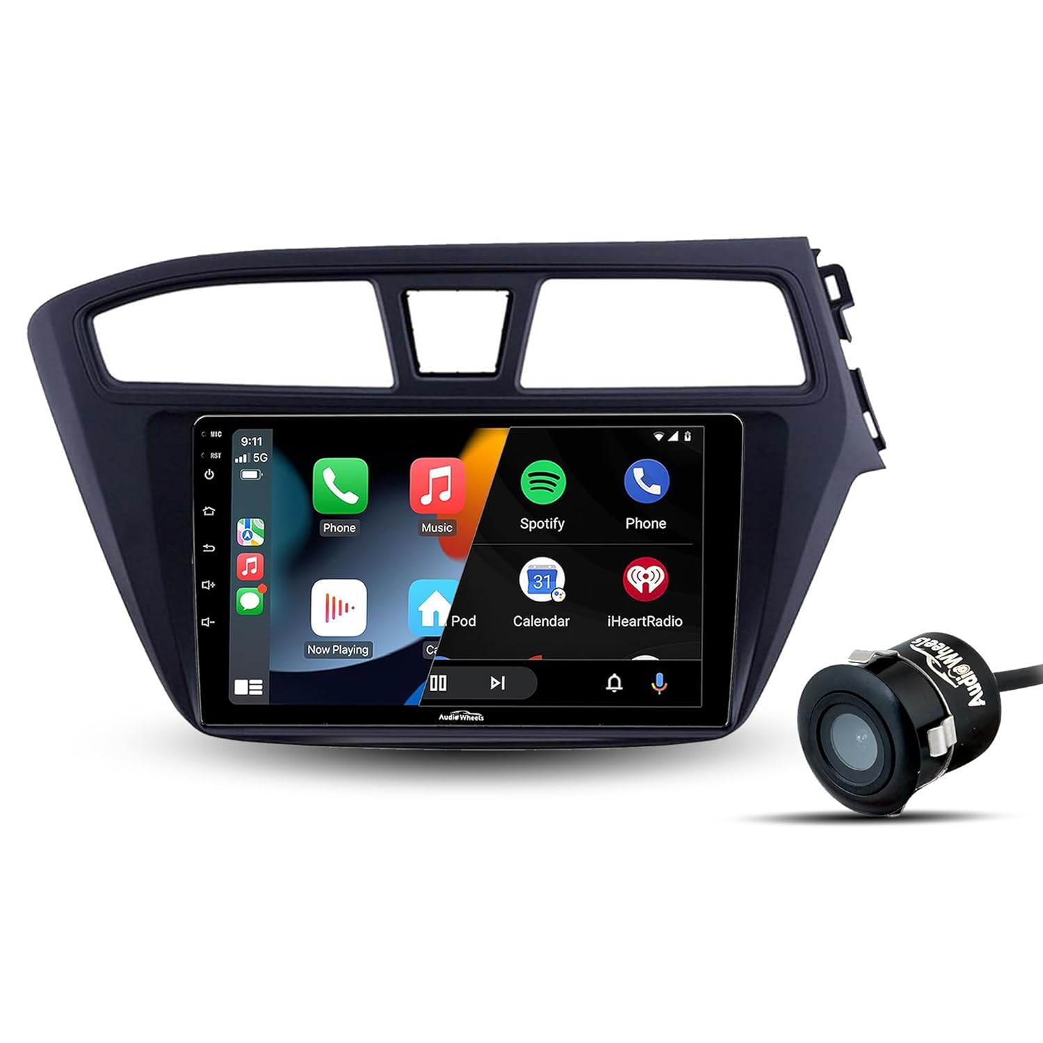 Car stereo system with touchscreen display and camera on a white background

