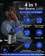 Fast charging 120W retractable car charger with user in car using phone, features highlighted.


