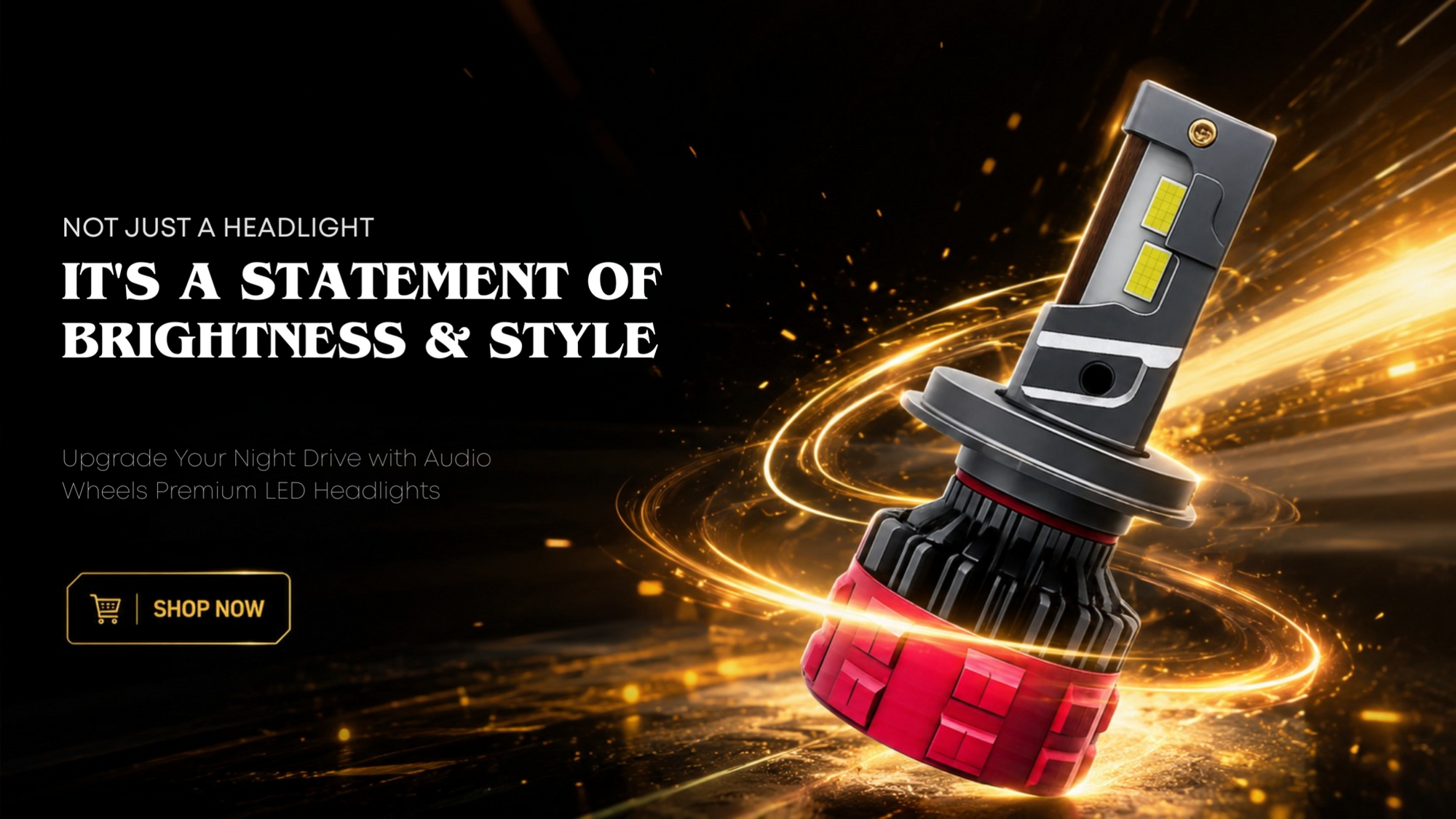 LED headlight bulb with dynamic background and promotional text
