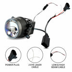 Motorcycle headlight assembly with power plug, laser cable, and beam cable