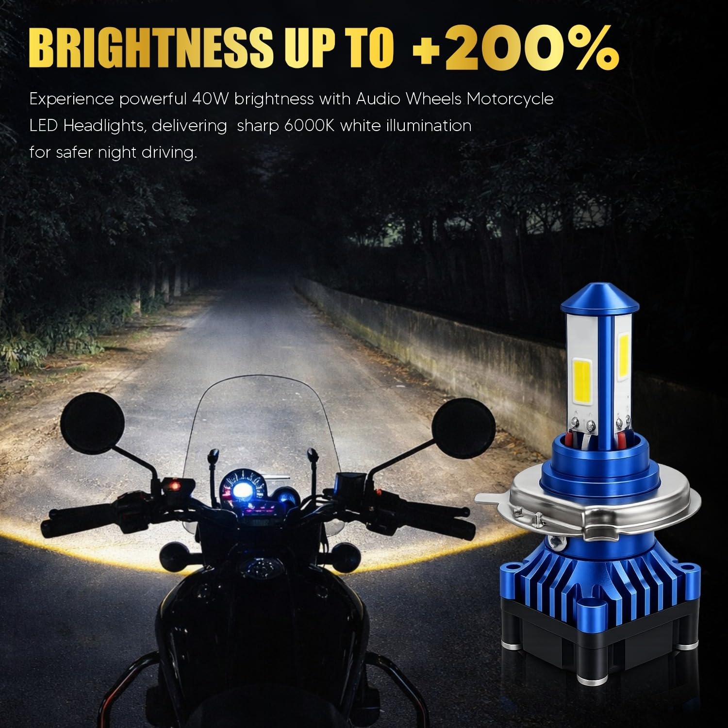 Motorcycle with LED headlights on a dark road, highlighting increased brightness.

