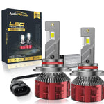 Pair of LED headlight bulbs with Audi Wheels packaging on a white background

