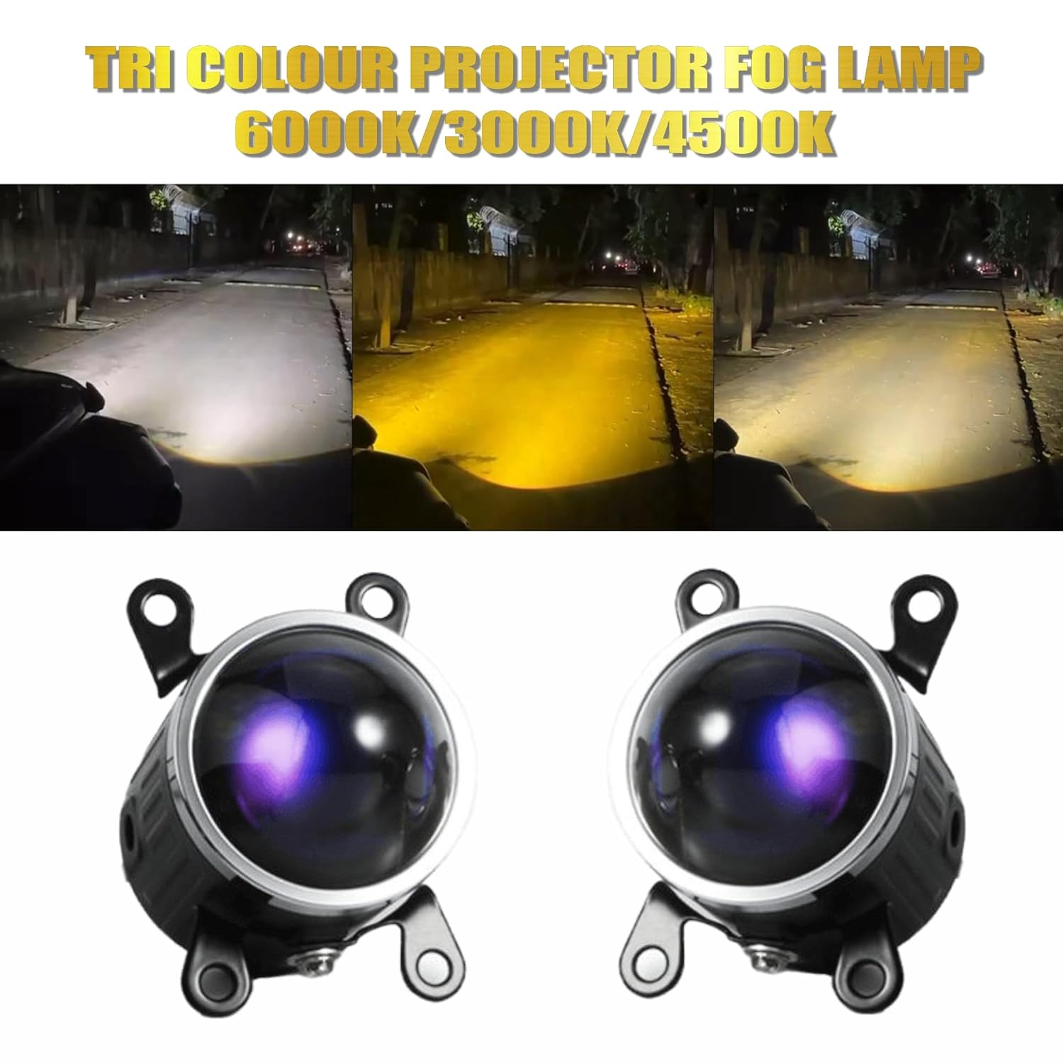 Tri-color projector fog lamp with three different color temperatures displayed on a white background.

