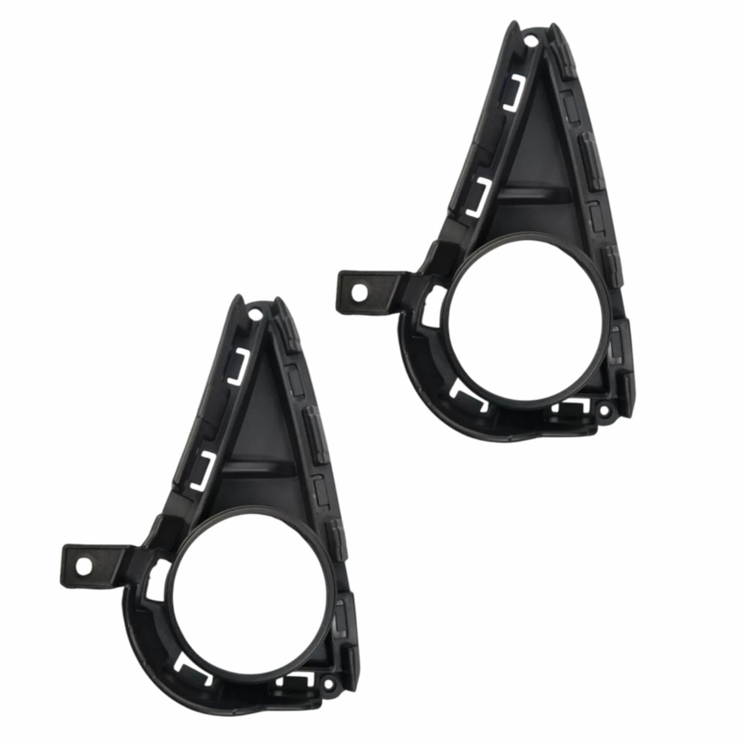 Two black car fog light covers on a white background

