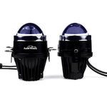 Two black motorcycle lights with blue lenses on a white background, branded 'Audio Wheels'.

