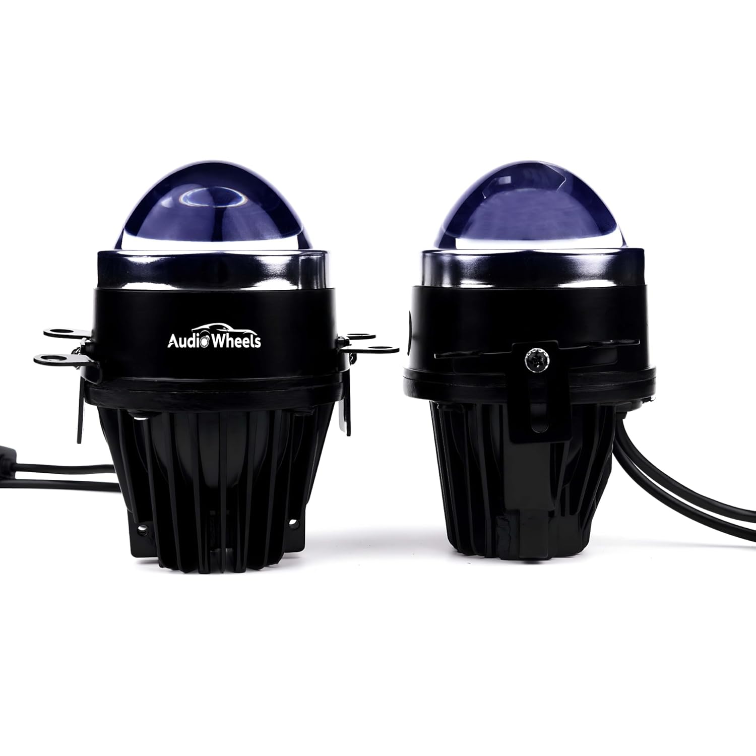 Two black motorcycle lights with blue lenses on a white background, branded 'Audio Wheels'.

