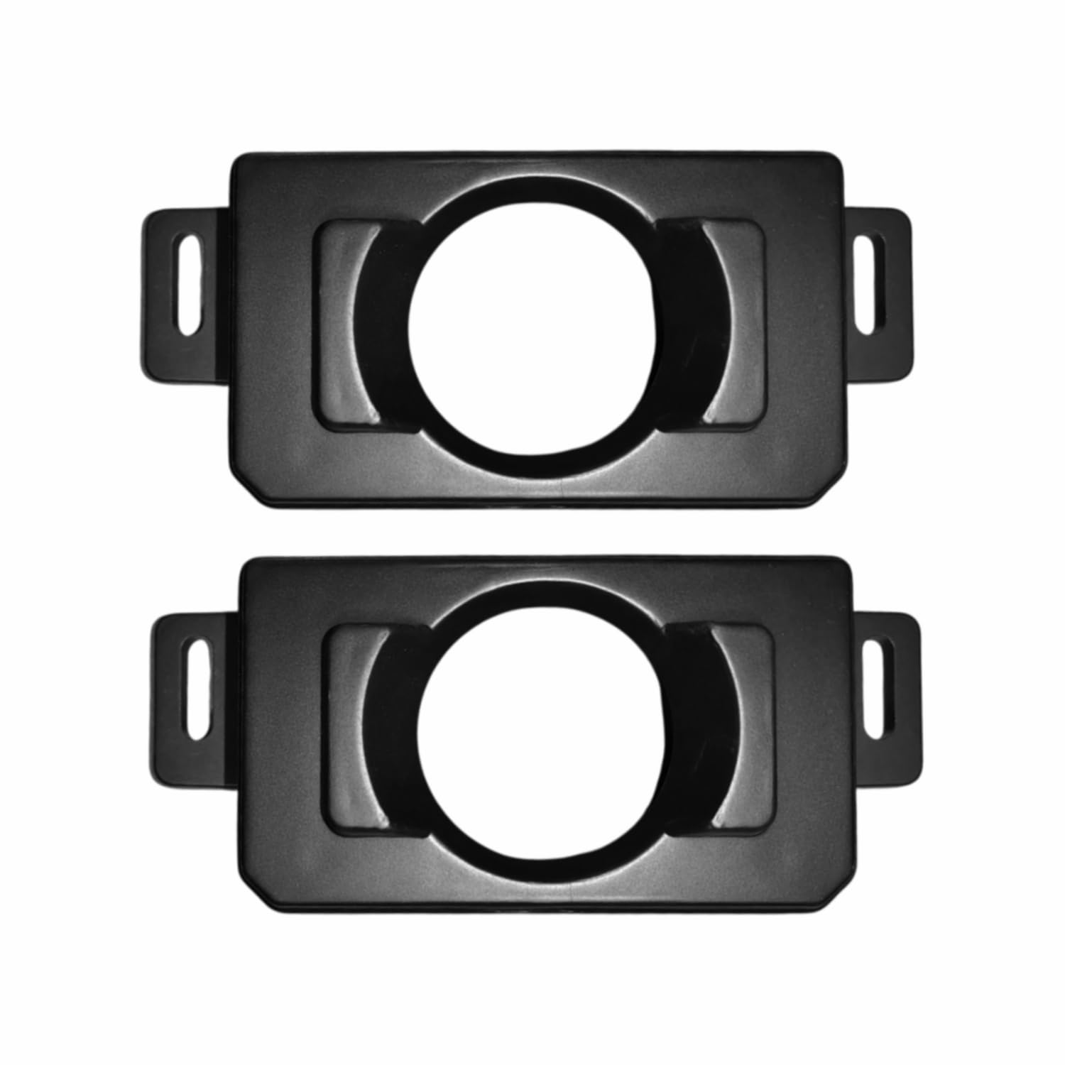 Two black rectangular speaker grilles with circular cutouts on a white background

