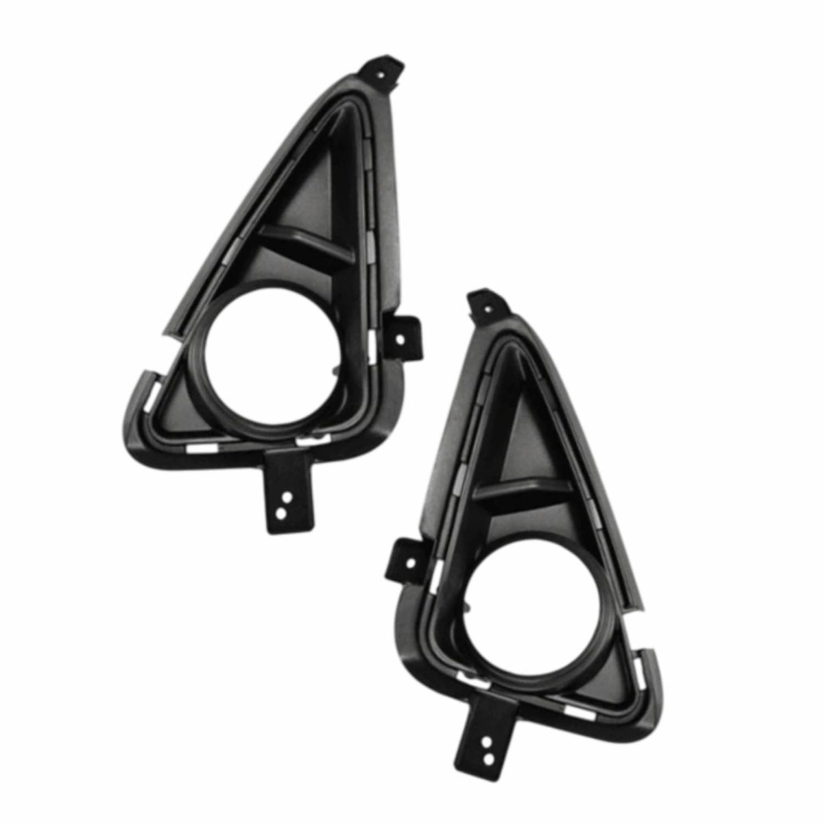 Two black triangular car fog light covers on a white background

