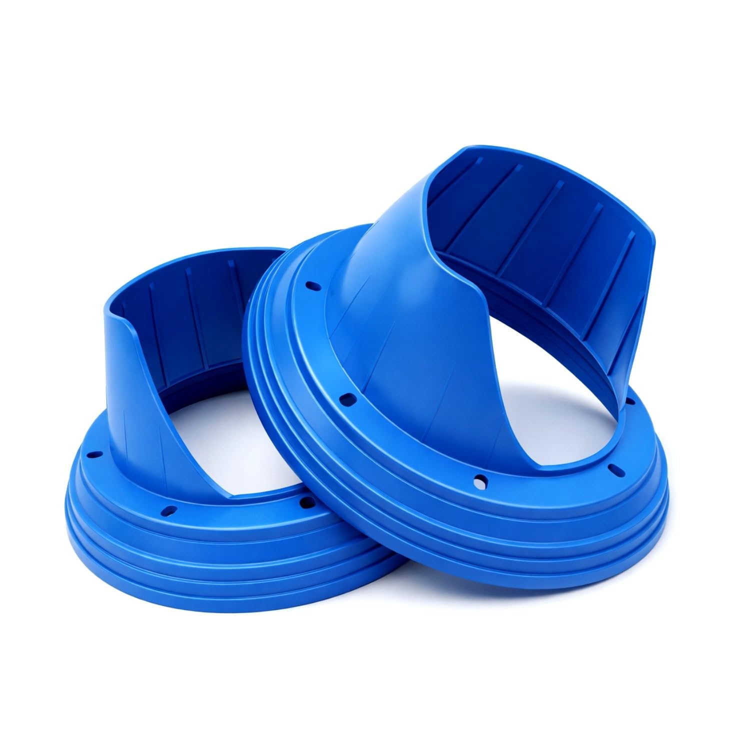 Two blue plastic training cones on a white background

