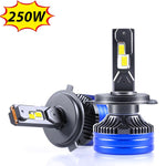 Two car headlight bulbs with a 250W label on a white background

