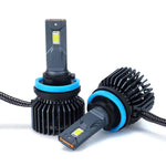 Two car headlight bulbs with black and blue design