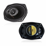 Two car speakers with visible branding on a white background

