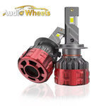 Two red car headlight bulbs with 'Audio Wheels