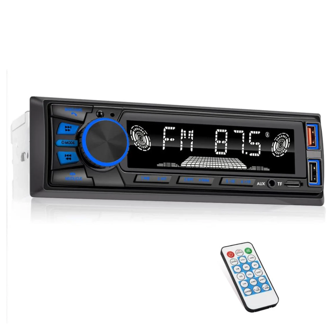 Audio Wheels Car Radio Bluetooth Single DIN Car Stereo Audio, Car Audio with Handsfree and Remote Control,Supports FM/ MP3/SD/AUX/Dua USB/EQ/Quick Charge | Not a CD Player.