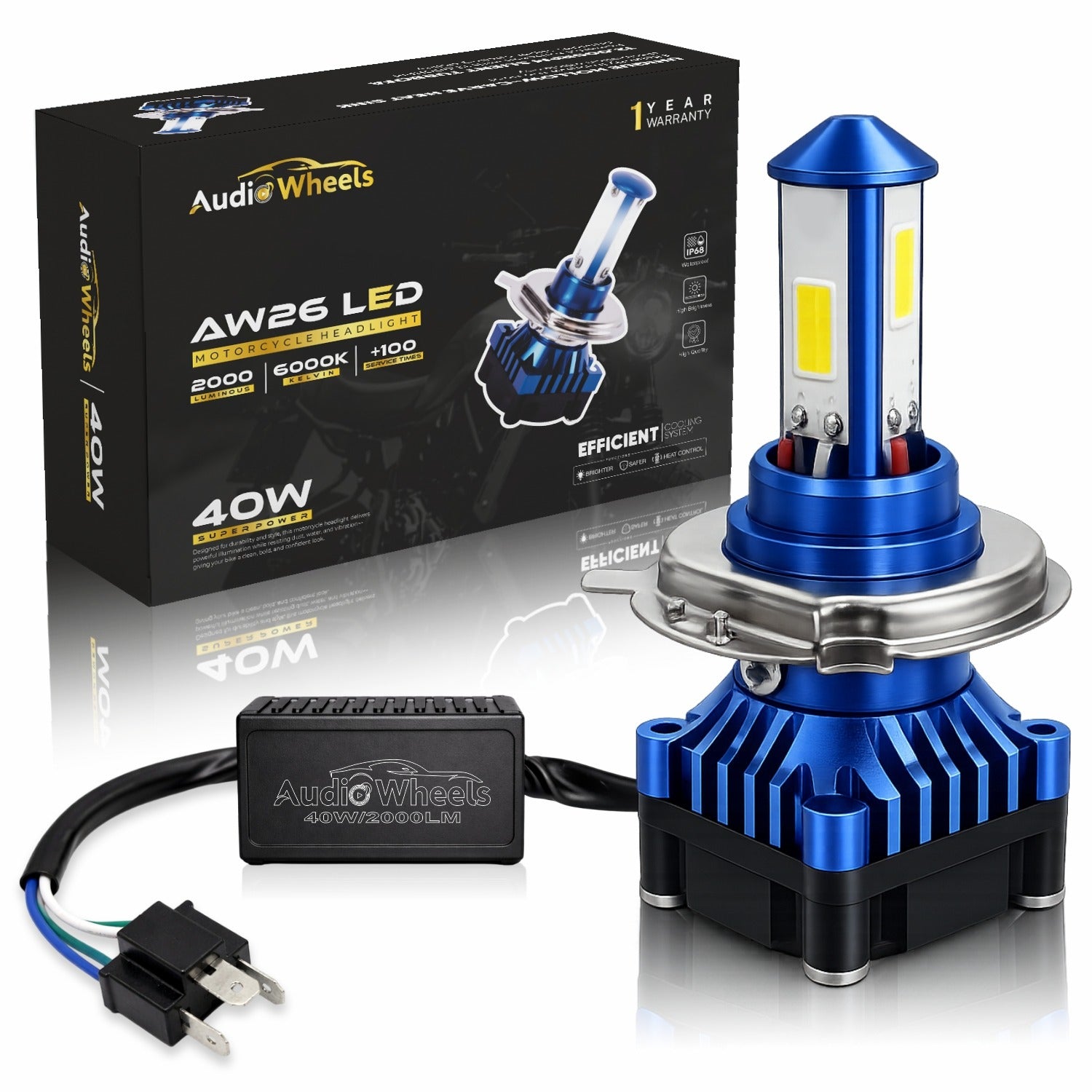 Audio Wheels 40W Universal LED Motorcycle Headlight Bulb 2000LM 6000K IP68