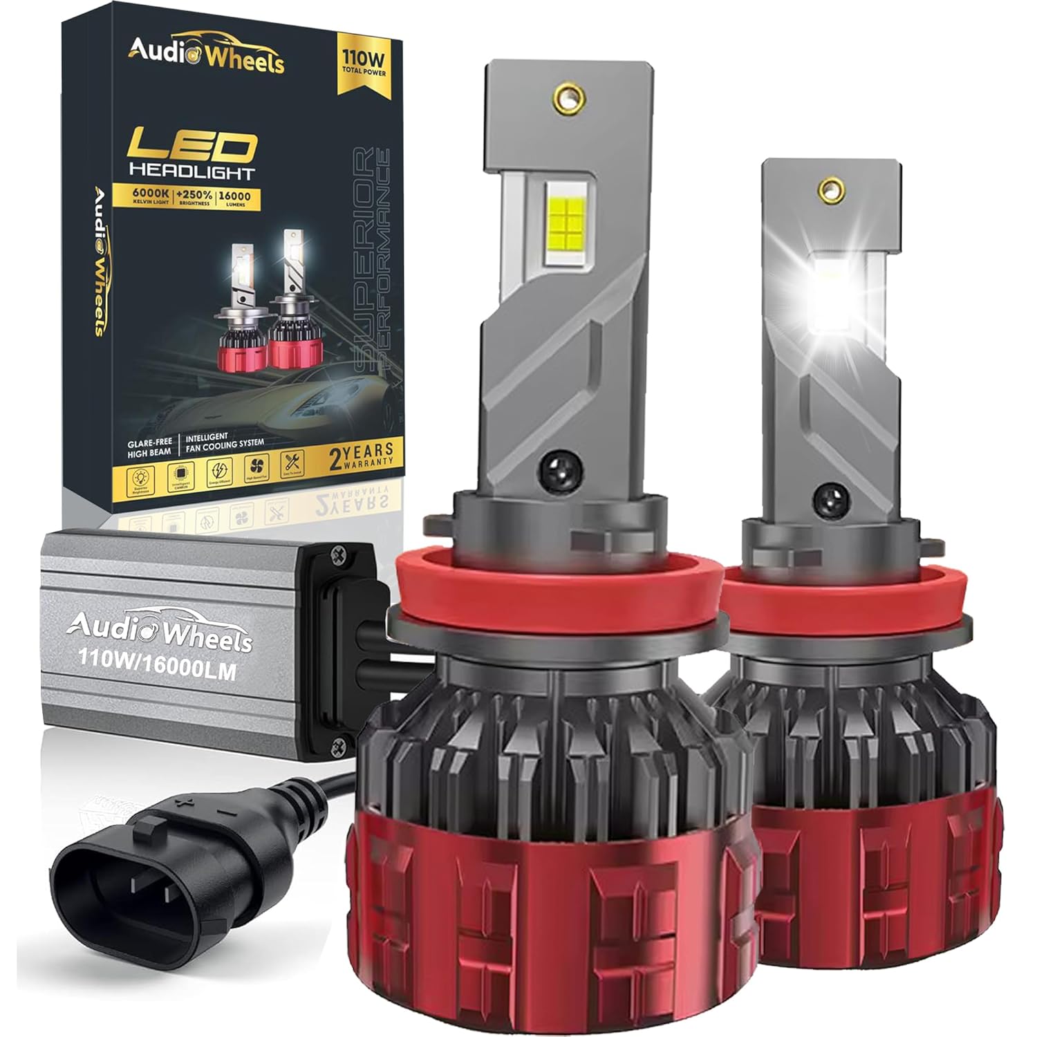 Audio Wheels H8 H11 110W LED Headlight Bulbs 16000LM 6000K Cool White Halogen Replacement Pack of 2